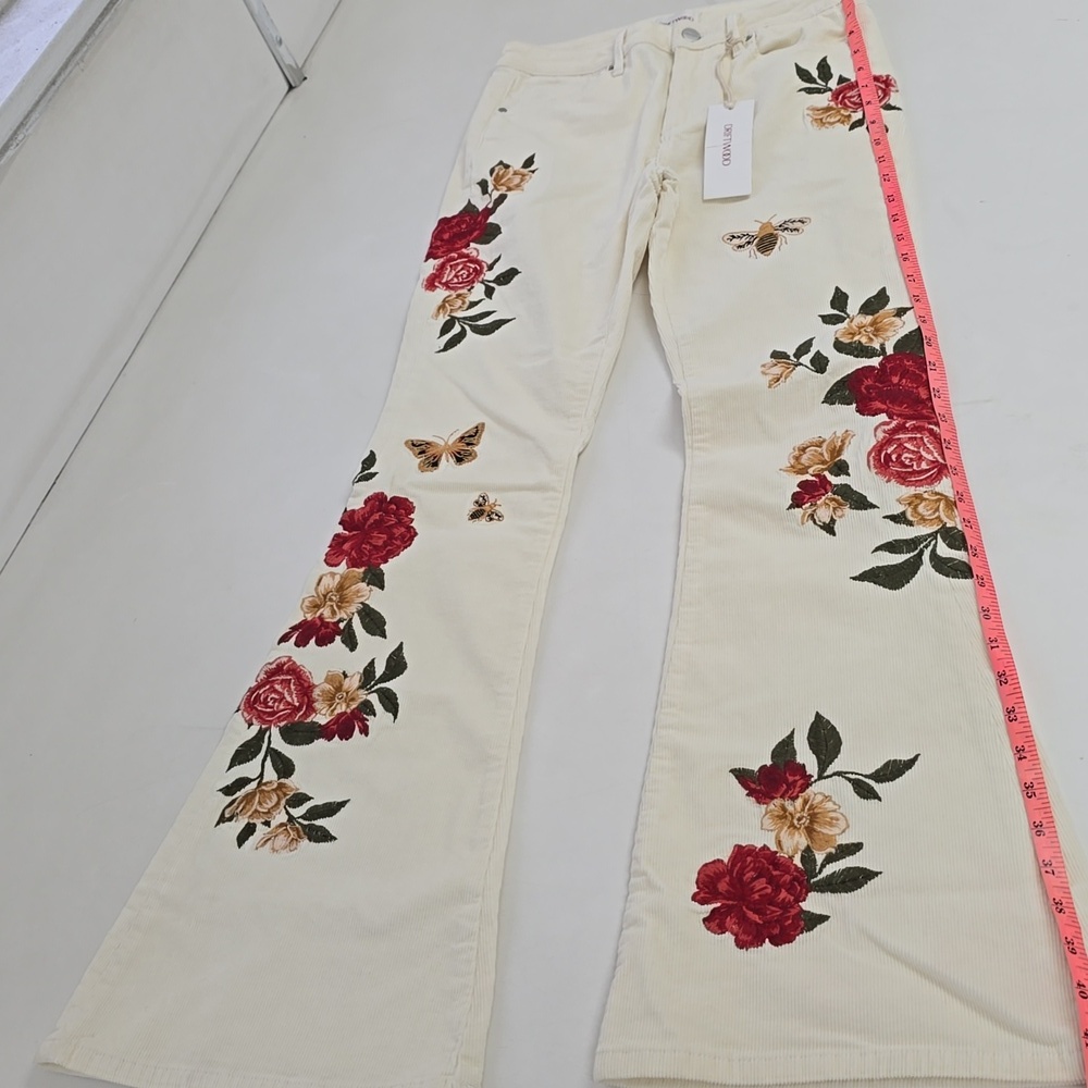 Driftwood Farrah Offwhite Corduroy Flare Pants Bees & Roses Embroidery - Picture 3 of 13